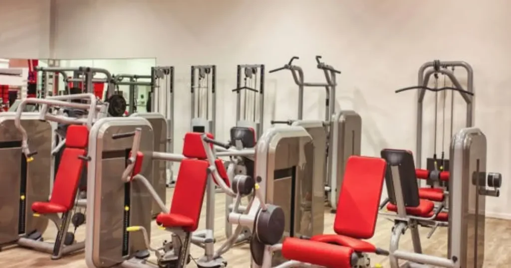 Modern gym with various leg workout machines featuring red seats and metallic frames