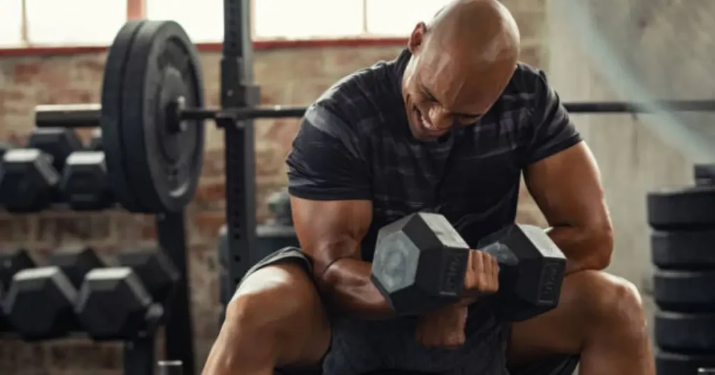 A muscular man performing a concentration curl with a dumbbell in a gym, displaying intense focus and effort.