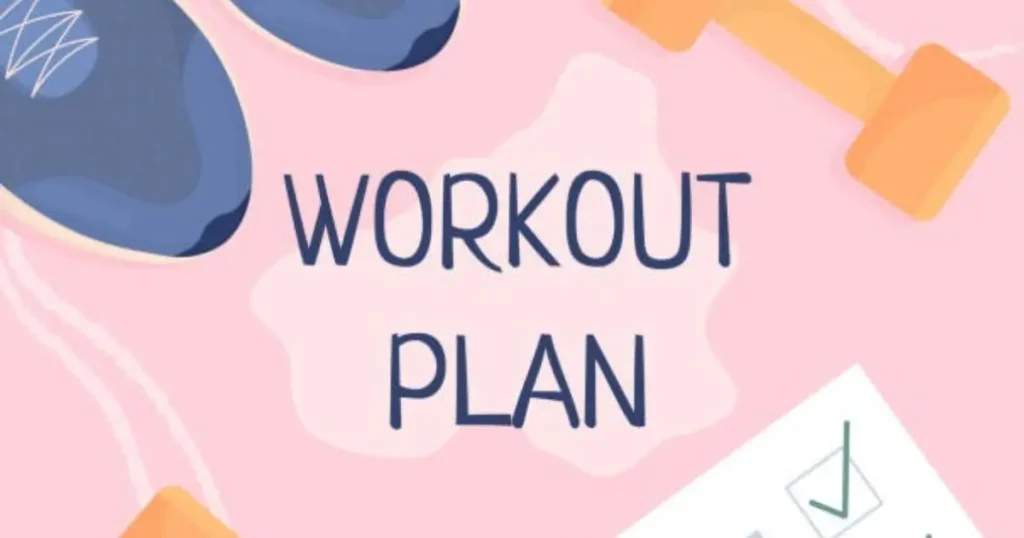 Illustration of a workout plan with running shoes, dumbbells, and a checklist on a pink background."